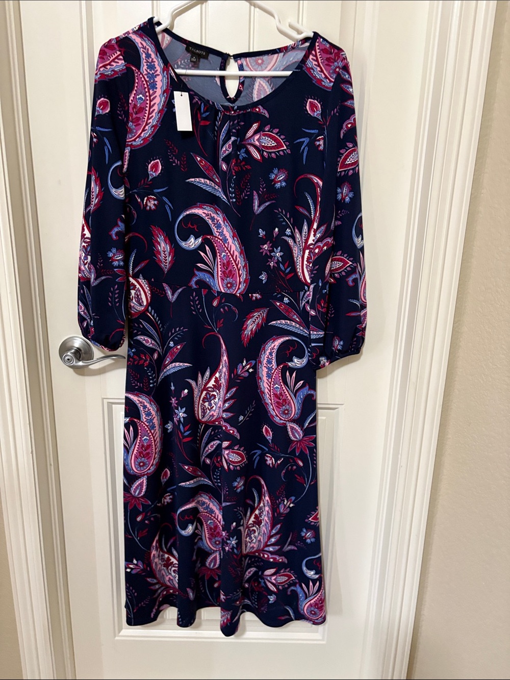 Talbots Navy Paisley Midi Dress with Pink & Purple Accents